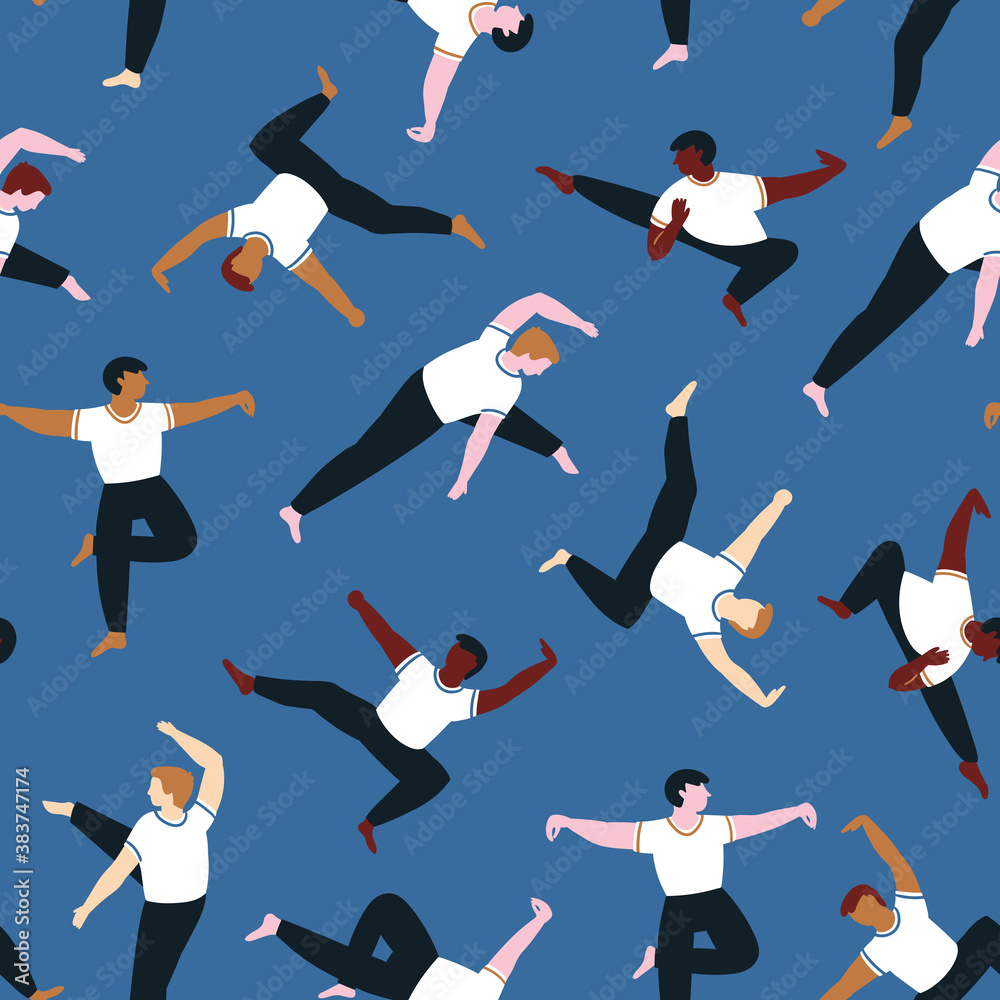 Vector silhouettes of young men perform a few forms of Tai Chi. Seamless pattern. Sport design for fabric or wallpaper. Vector silhouettes of young men perform a few forms of Tai Chi. Seamless pattern. Sport design for fabric or wallpaper.