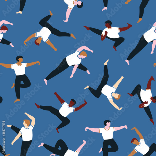 Vector silhouettes of young men perform a few forms of Tai Chi. Seamless pattern. Sport design for fabric or wallpaper.