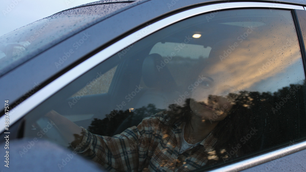 pensive brunette girl in the car