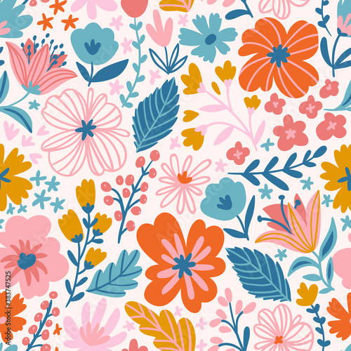 Trendy seamless floral ditsy pattern. Fabric design with simple flowers. Vector cute repeated pattern for baby fabric, wallpaper or wrap paper