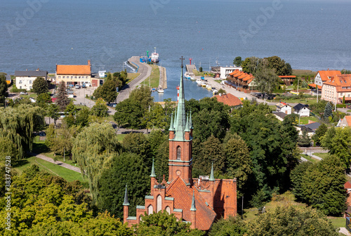 Aerial view of Frombork and Vistula Lagoon, Poland. View from the Radziejowski Tower on Cathedral Hill