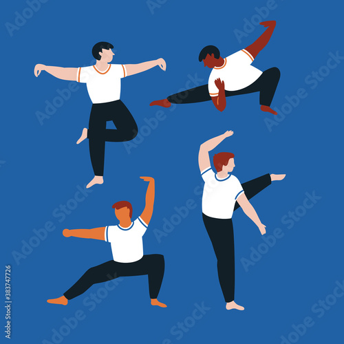Vector silhouettes of young men perform a few forms of Tai Chi. Isolated men on blue background. Sport Wushu card design. Qigong vector illustration.
