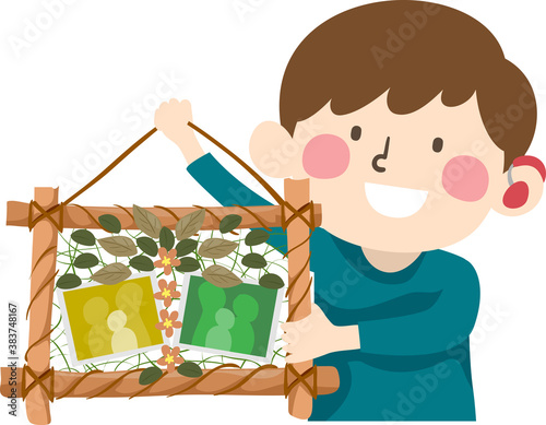 Kid Boy Deaf Leaf Art Frame Making Illustration