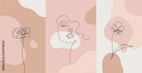 Vector minimalist style portrait. Line flower, woman portrait. Hand drawn abstract feminine print. Use for social net stories, beauty logos, poster illustration, card