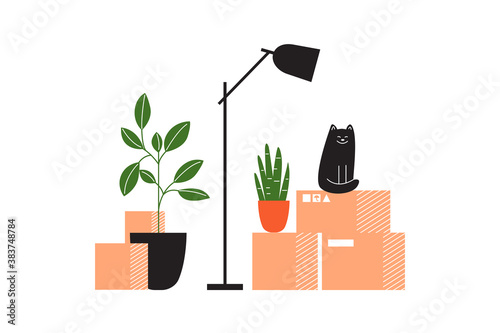 Carton boxes with stuff, lamp, houseplants and cat waiting for relocation. House moving service concept. Cardboard packages with household items. Moving into new home or apartment. Vector illustration