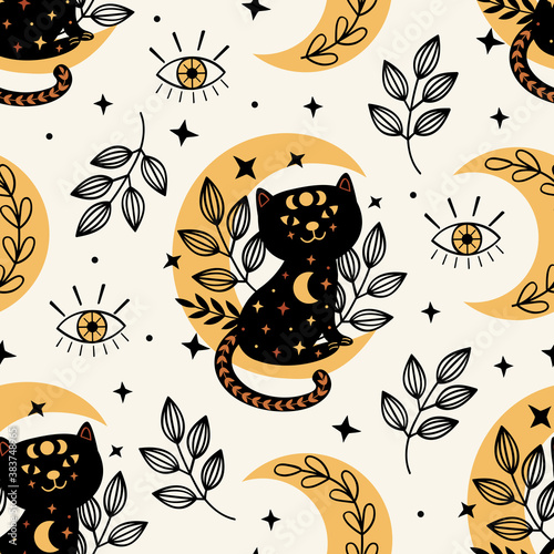 seamless pattern with magic eye and black cat on the moon