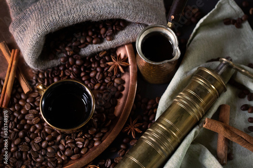 Background of coffee. fried coffee beans. coffee beans, on a wooden background
