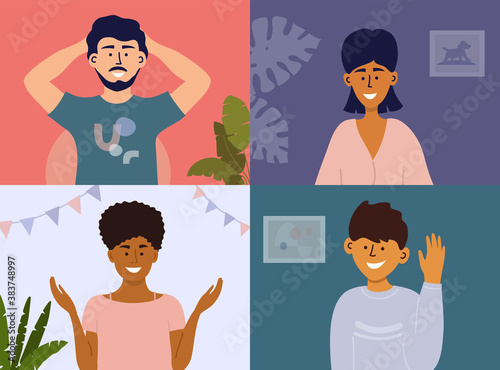 Video call conference concept. Diverse young people talking by internet. Laptop or computer screen. Remote team work. Network, online meeting friends or colleagues. Stay at home vector illustration