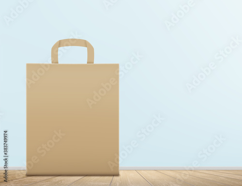Empty brown paper bag on a wooden surface.