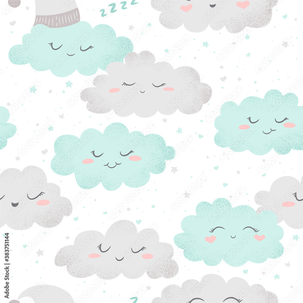 Seamless vector pattern with cute hand drawn cartoon clouds and stars isolated on white background. Design for for baby room decoration, print, fabric, wallpaper, card