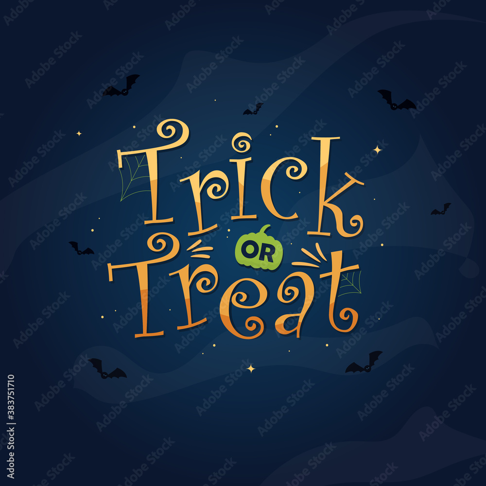Trick or Treat design with pumpkin and bats for Halloween celebration Trick or Treat design with pumpkin and bats for Halloween celebration