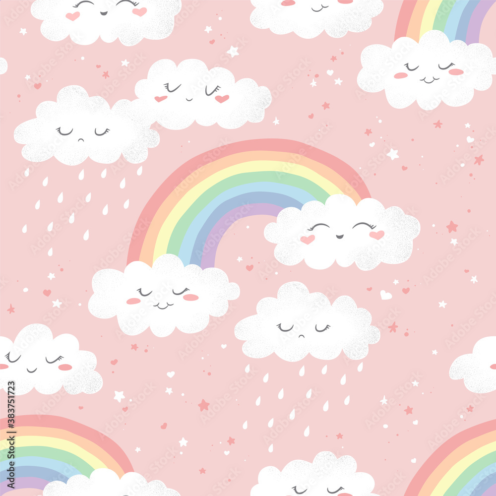 Seamless vector pattern with hand drawn cute cartoon rainbows, clouds and stars isolated on pink background. Design for print, fabric , wallpaper, card, baby shower,decoration