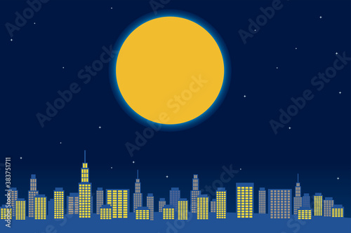 大都市の高層ビル群と夜空とビッグムーン満月の背景イラスト　ベクター