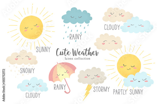 Vector icons set of hand drawn cartoon sun, umbrella, rain, snow, clouds isolated on white background. Cute weather characters illustration in cartoon simple flat style
