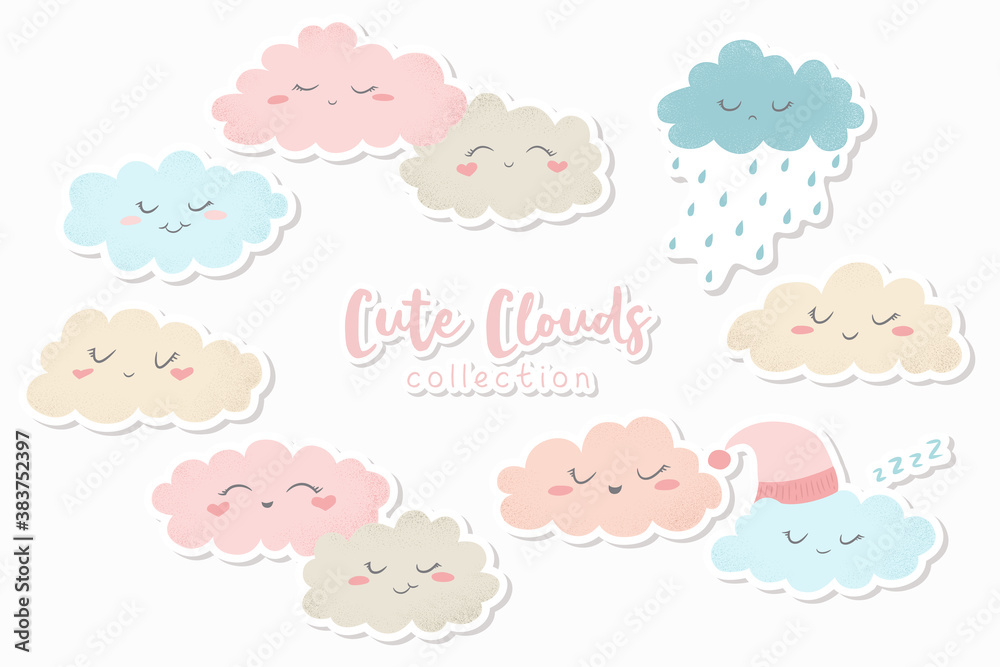 Vector illustration with cute hand drawn cartoon clouds stickers collection isolated on white background. Design for print, fabric , wallpaper, card
