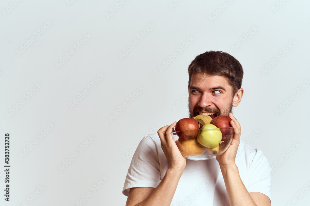 man with fresh fruit in a glass cup gesturing with hands vitamins health energy model bushy beard mustache man with fresh fruit in a glass cup gesturing with hands vitamins health energy model bushy beard mustache