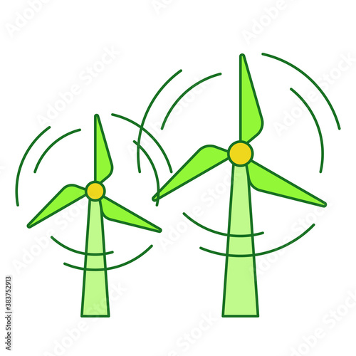 Wind power energy concept two propeller rotate white isolated background with green theme flat outline style
