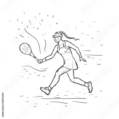 Girl playing tennis. Sketch vector hand drawn Illustration. Women tennis player. Sport concept. Black line isolated on white.