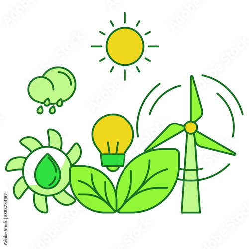 Ecology set collection hydro wind bio sun power energy white isolated background with green theme flat outline style