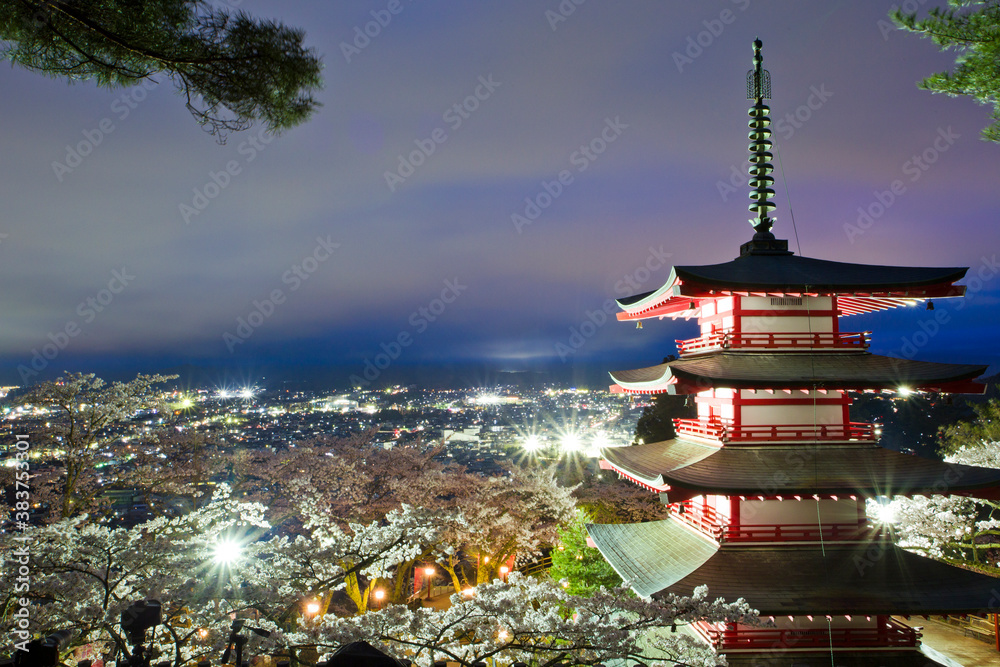Mt Fuji snowcapped and The Chureito Pagoda, a five-storied pagoda also known as the Fujiyoshida Cenotaph Monument, Fujiyoshida, Japan.