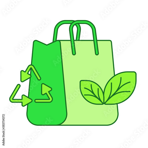 Recycling bag concept carry bag leaf recycle icon white isolated background with green theme flat outline style