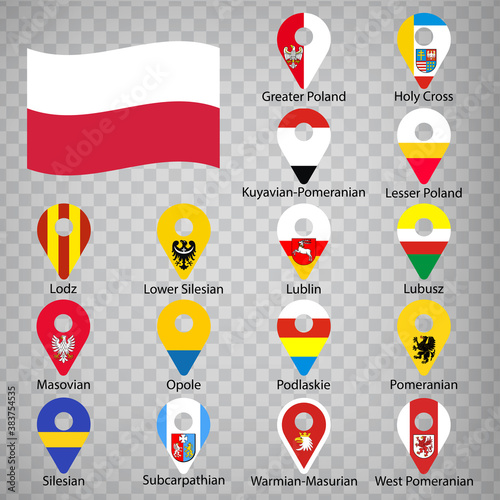 Sixteen flags the Provinces of Poland - alphabetical order with name. Set of 2d geolocation signs like flags Provinces of Poland. Sixteen 2d geolocation signs for your design. EPS10. 