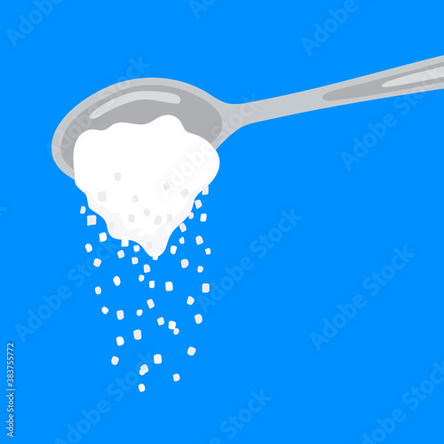Pouring sugar spoon full of powder crystals of salt or sugar vector illustration. Teaspoon side view with cooking and baking ingredients need for drinks - coffee or tea. Clean organic eco food.