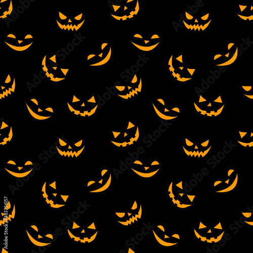 Seamless pattern of smiling scary faces in flat style. Halloween's vector background and texture for party, poster, invitation, any design. Isolated on black. Jack Lantern