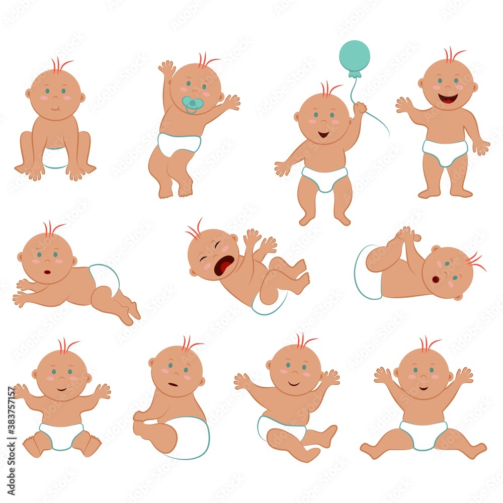 Fototapeta premium Vector set of light-skinned baby boy with red hair and blue eyes. Collection of eleven poses and facial expressions of a naked toddler in diapers