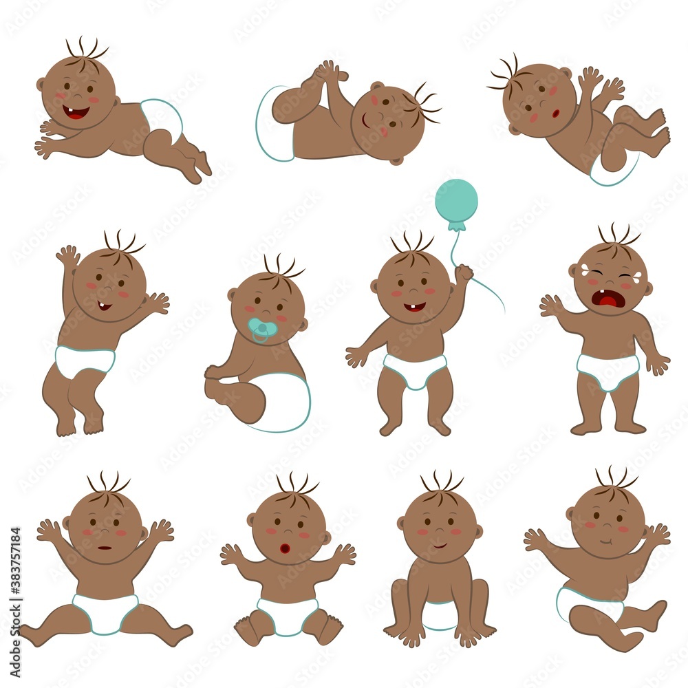 Vector collection of toddlers with light brown skin, brown eyes and hair. Eleven poses and moods of a naked baby boy in diapers