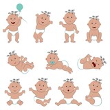 Vector set of kid characters with light dark skin, brown eyes and dark curly hair. Eleven cliparts of a nude toddler boy in diapers in different poses and moods