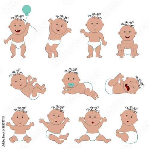 Fototapeta Naklejka Na Ścianę i Meble -  Vector set of kid characters with light dark skin, brown eyes and dark curly hair. Eleven cliparts of a nude toddler boy in diapers in different poses and moods