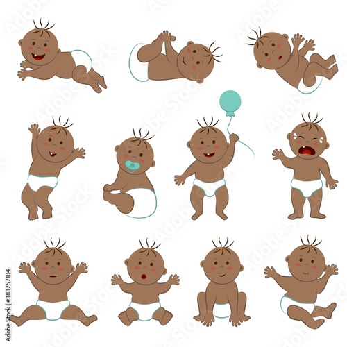 Vector collection of toddlers with light brown skin, brown eyes and hair. Eleven poses and moods of a naked baby boy in diapers © ioanna_alexa