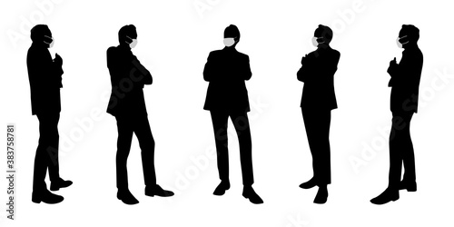 Vector concept conceptual  silhouette men talking while social distancing as means of prevention and protection against coronavirus contamination. A metaphor for the new normal.