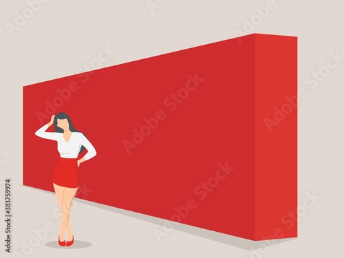 Business woman thinking in front of big obstacle or red wall. Abstract representing risk management.