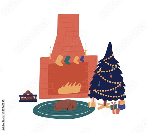 Cozy home with decorated christmas tree and fireplace. Scene of comfort, holiday cosiness in xmas interior. Sleeping dog near spruce indoors. Flat vector cartoon illustration isolated on white