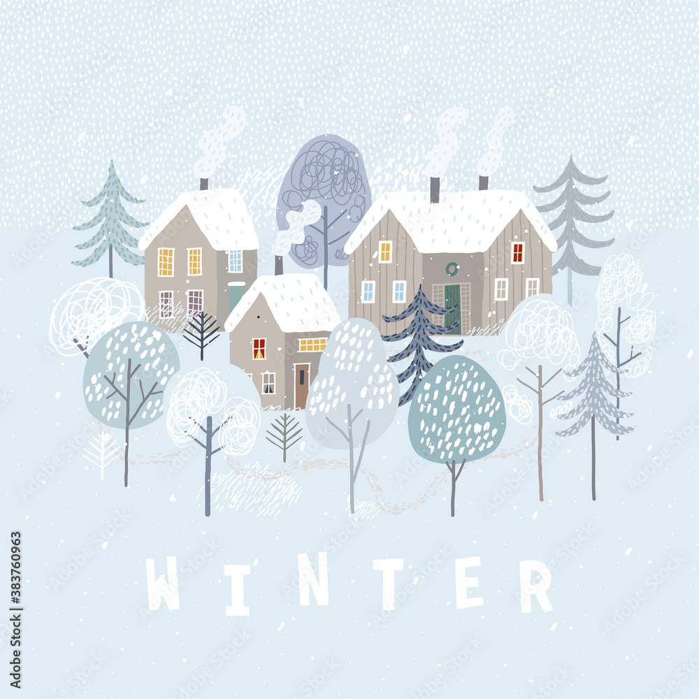 Cute winter landscape. Winter poster. Lovely houses in the winter forest.