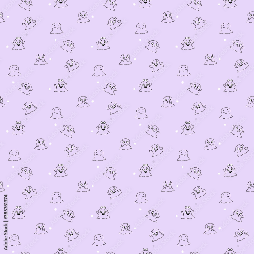 Halloween. Seamless pattern with cute little cartoon ghosts and different emotions on light background - joy, relaxation, happiness. Vector. Outline. Template for paper, textile, decor and web design Halloween. Seamless pattern with cute little cartoon ghosts and different emotions on light background - joy, relaxation, happiness. Vector. Outline. Template for paper, textile, decor and web design