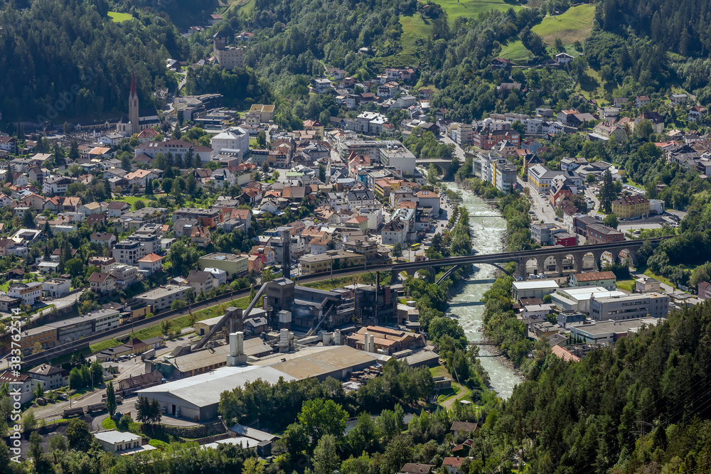 Aerial view of Landeck, Austria and the River Inn on a sunny day