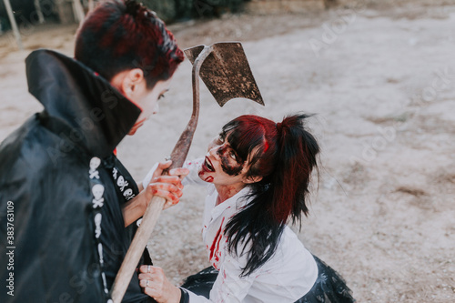 Halloween costume party with a kid and an adult woman