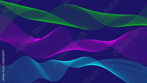 Abstract flowing ribbons of different colors. Wave of the many colored lines. Design elements. Abstract wavy stripes on dark, isolated background. Curved smooth tape. Vector illustration