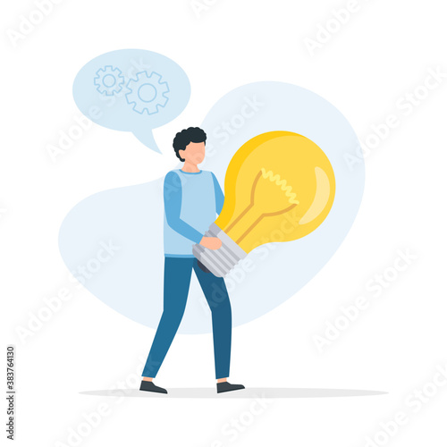 Man hold big light bulb. Big idea concept with man and lightbulb.