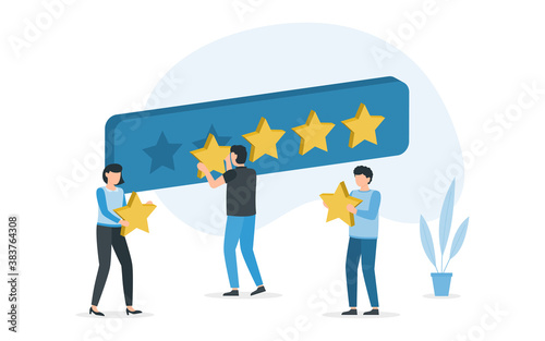 People are holding stars, giving five star Feedback. Customers evaluating a product, service.