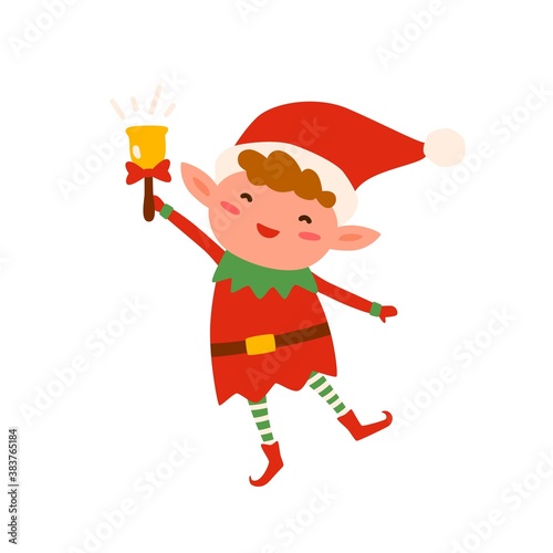 Cute Christmas elf in red costume and hat ringing holiday bell. Festive childish xmas character isolated on white. Happy funny Santa helper. Vector illustration in flat cartoon style