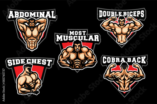 Sports. Gym. Muscular body. Athletic body. Body builder pose. Logo and Emblems. Vector