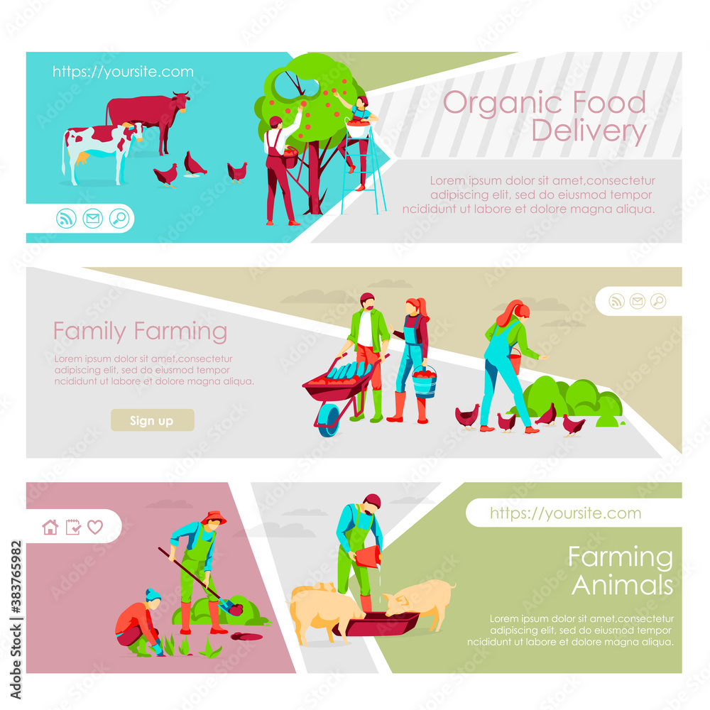Organic food delivery landing page templates set. Couple working together. Family farming, livestock breeding. Eco farming and agricultural industry website, homepage flat vector illustration