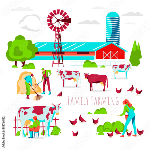 Family farming banner template. People working on farm, taking care and feeding of farm animals. Livestock and poultry breeding, organic agricultural industry concept flat vector illustration