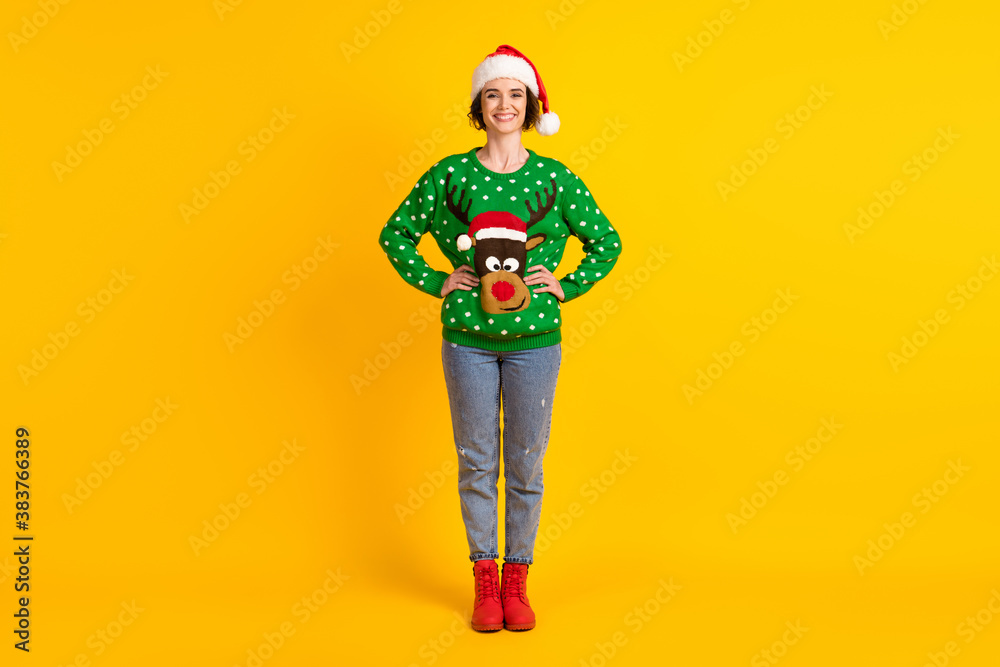 Full size photo of positive girl enjoy x-mas christmas newyear jolly theme party put hands waist wear reindeer decor pullover santa claus headwear isolated bright shine color background