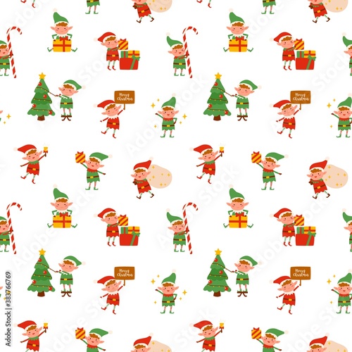 Cute childish Christmas tiny elves seamless pattern. Funny Santa helpers decorating Xmas tree, carry gift box and bag, hold sugar cane or bell vector flat illustration. Holiday wallpaper template