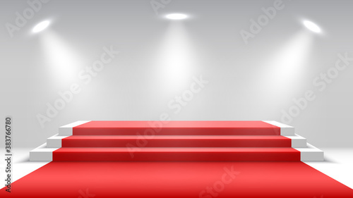 White podium with red carpet and spotlights. Blank pedestal. Stage for awards ceremony. Vector illustration.
